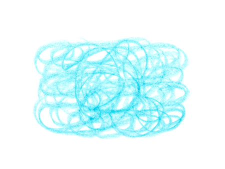 Blue pencil scribble on white background, top viewの写真素材