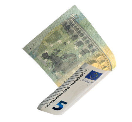 Flying five Euro banknote isolated on white