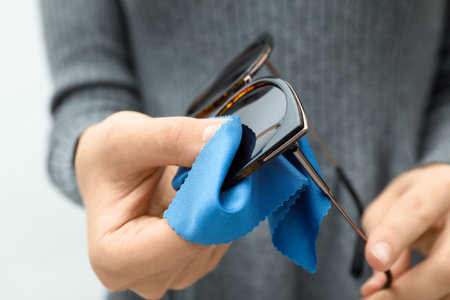 Woman wiping sunglasses with microfiber cleaning cloth on light background, closeupの写真素材