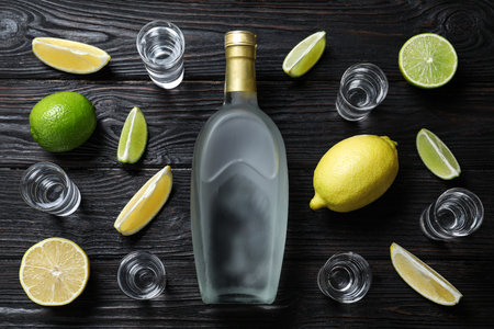 Bottle of vodka, citrus fruits and shot glasses on black wooden table, flat lay. space for designの写真素材