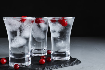 Vodka in shot glasses and cranberries on gray tableの写真素材
