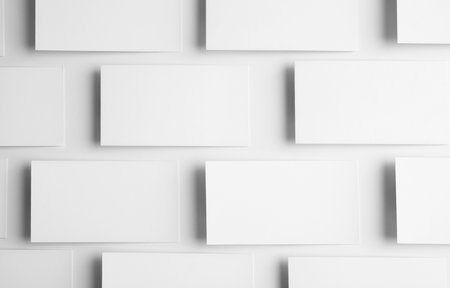 Blank business cards on white background, top view. Mock up designの写真素材