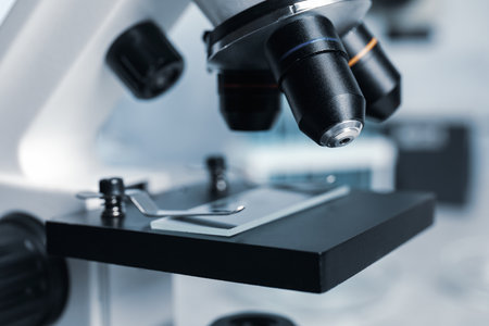 Closeup view of modern microscope in laboratory. medical equipmentの写真素材