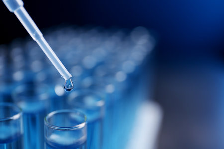Dripping reagent into test tube with liquid sample on blurred background, closeup and space for...
