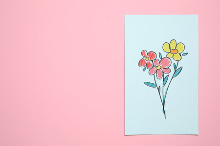 Handmade greeting card on pink background, top view with space for text. Happy Mother's Day
