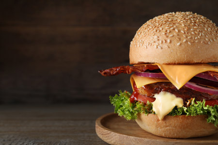 Plate with juicy bacon burger on wooden table. Space for textの写真素材