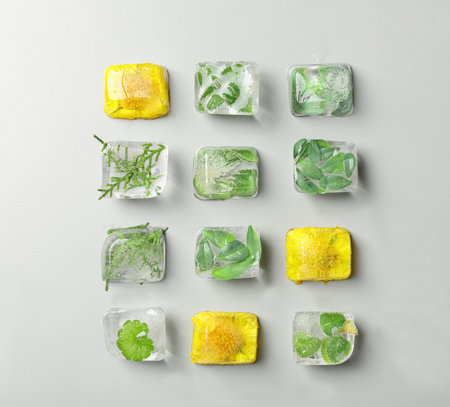 Ice cubes with flowers and leaves on gray background, flat layの写真素材
