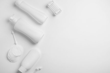 Composition with baby cosmetic products on white background, top viewの写真素材