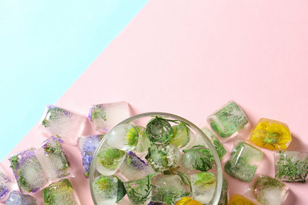 Ice cubes with flowers and glass bowl on color background, flat lay. Space for textの写真素材