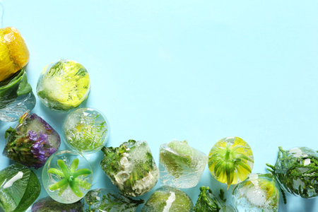Ice cubes with flowers and leaves on light blue background, flat lay. Space for textの写真素材