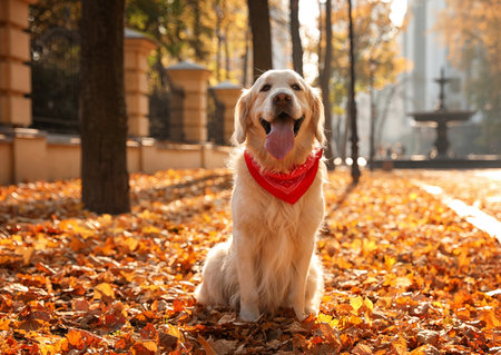 Funny golden retriever in sunny autumn parkの写真素材