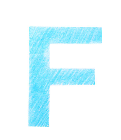 Letter F written with light blue pencil on white background, top viewの写真素材