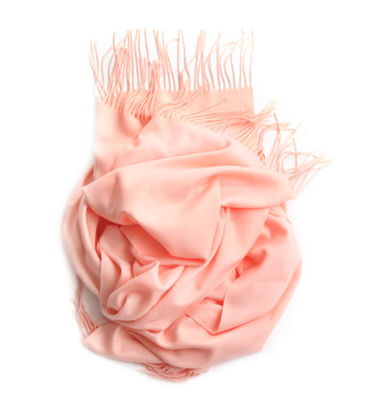 Peach scarf on white background, top viewの写真素材