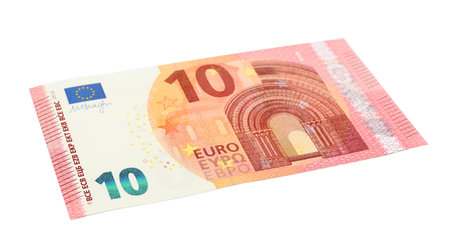 Ten Euro banknote lying on white backgroundの写真素材