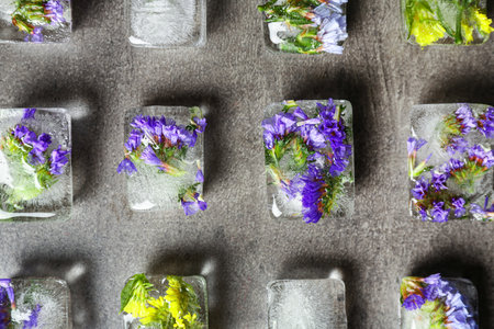 Ice cubes with flowers on gray stone background, flat layの写真素材