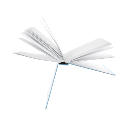 Open hardcover book with blank pages on white backgroundの写真素材