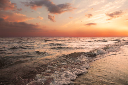 Beautiful view of sea coast at sunsetの写真素材