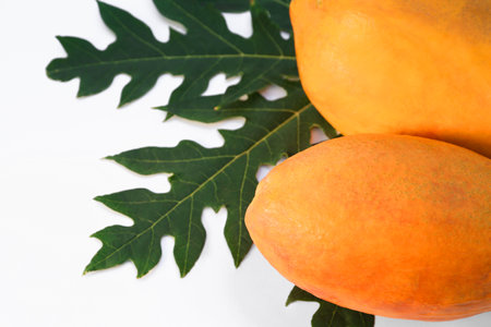 Fresh ripe papaya fruits and leaf on white background, flat lay. Space for textの写真素材