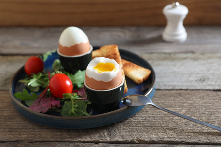 Delicious breakfast with soft boiled eggs served on wooden table, closeupの写真素材