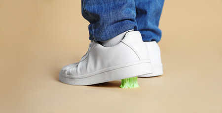 Person stepping into chewing gum on light brown background, closeup