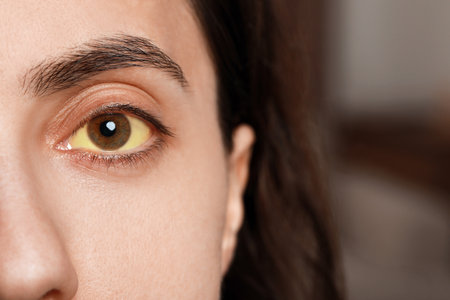 Woman with yellow eyes on blurred background, closeup. Symptom of hepatitis