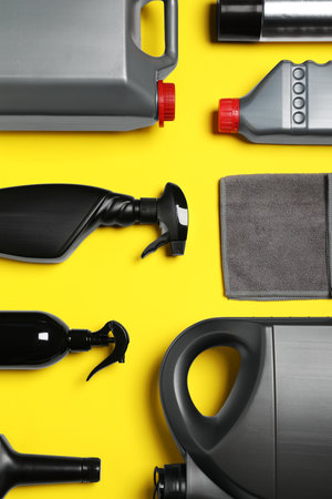 Different car products on yellow background, flat layの写真素材
