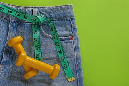 Jeans, dumbbells and measuring tape on light green background, flat lay with space for text. weight loss conceptの写真素材