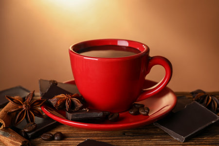 Cup of delicious hot chocolate, spices and coffee beans on wooden tableの写真素材