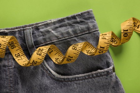 Jeans with measuring tape on green background, top view. weight loss conceptの写真素材