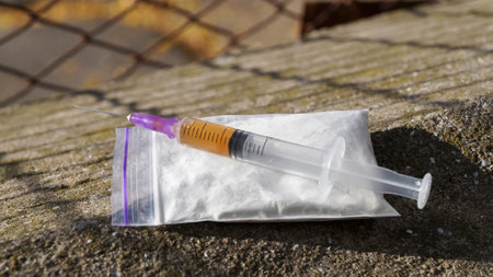 Plastic bag with powder and syringe on stone surface outdoors, closeup. hard drugsの写真素材