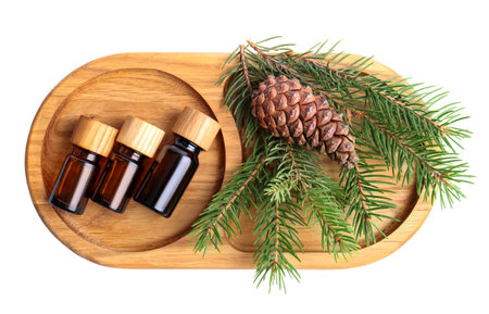 Tray with bottles of pine essential oil, branches and cone on white background, top viewの写真素材