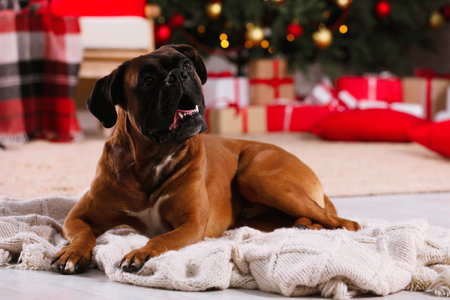 Cute dog in room decorated for Christmasの写真素材