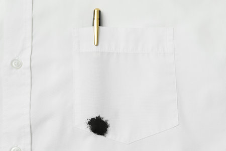 White shirt with stained black ink and pen in pocket, top viewの写真素材