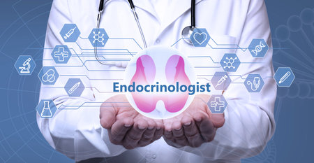 Endocrinologist holding thyroid illustration surrounded by icons on light blue background, closeup. banner designの写真素材