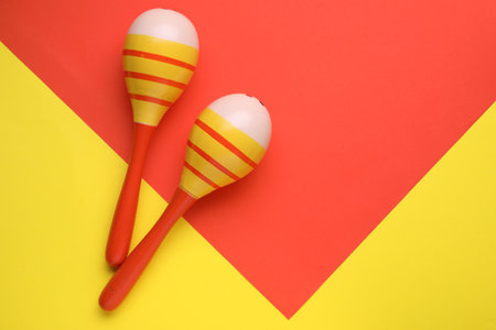 Maracas on colorful background, flat lay with space for text. musical instrumentsの写真素材