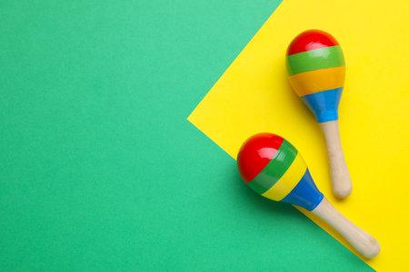 Maracas on colorful background, flat lay with space for text. musical instruments