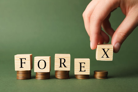Woman cubes with word Forex on putting stacked coins against green background, closeupの写真素材