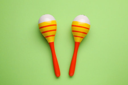 Colorful maracas on light green background, flat lay. musical instruments