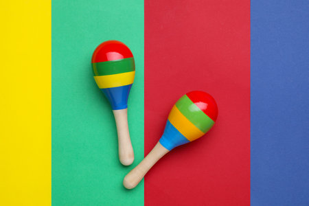 Maracas on colorful background, flat lay. musical instrumentsの写真素材