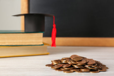 Scholarship concept. Graduation cap, books and coins on white wooden tableの写真素材