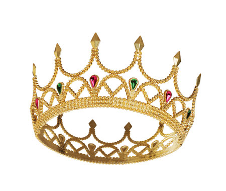Beautiful gold crown with gems isolated on whiteの写真素材