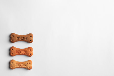 Bone shaped dog cookies on white background, top view. Space for textの写真素材