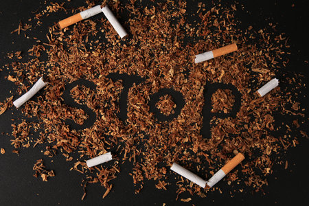 Word Stop made of dry tobacco and broken cigarettes on dark gray background, flat lay. Quitting...
