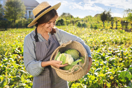 Woman harvesting fresh ripe cabbages on farmの写真素材