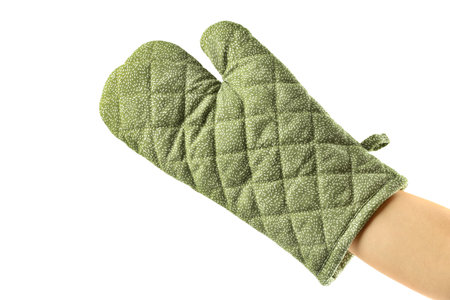Chef in oven glove on white background, closeupの写真素材