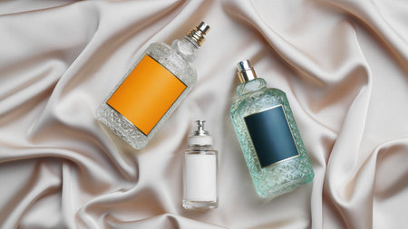 Luxury bottles of perfume on beige silk, flat lay