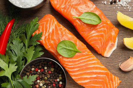 Fresh salmon and ingredients for marinade on wooden table, flat layの写真素材