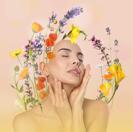 Young woman with beautiful flowers and physalis branches on color background. Stylish creative collage designの写真素材