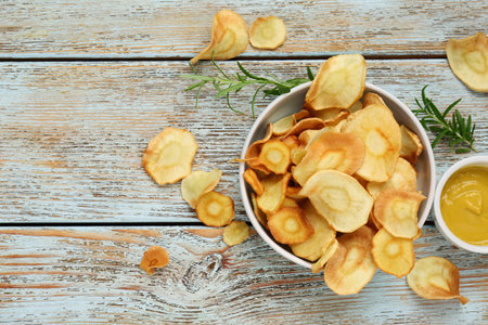 Tasty homemade parsnip chips with sauce and rosemary on old light blue wooden table, flat lay. Space for textの写真素材