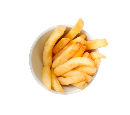 Bowl with tasty French fries on white background, top viewの写真素材